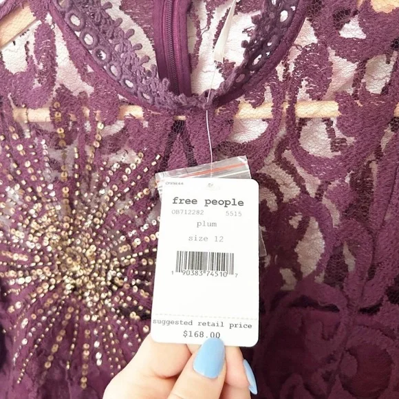 NWT Free People North Star Lace A-Line Mini Dress Plum Bell Sleeve Size 12 - Picture 6 of 9